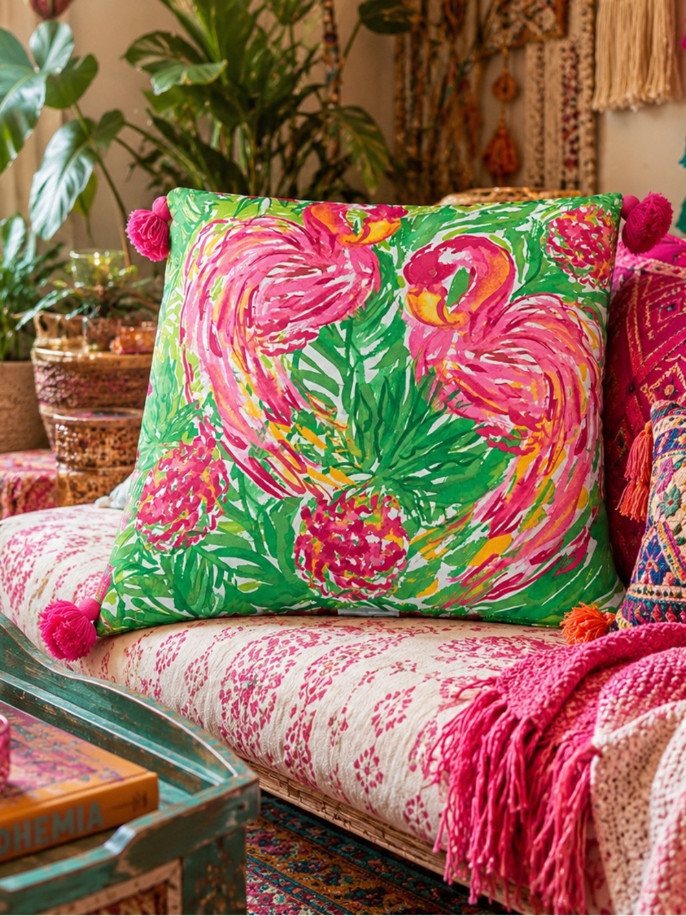 Lilly Pulitzer Flamingo Tassel Throw Pillow 24x24 Tropical Pink Green Decor - Picture 3 of 11